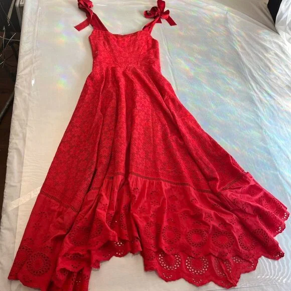 NEW Alice + Olivia Rosalee Eyelet Maxi Dress Tie Strap Red Cotton - Picture 5 of 15